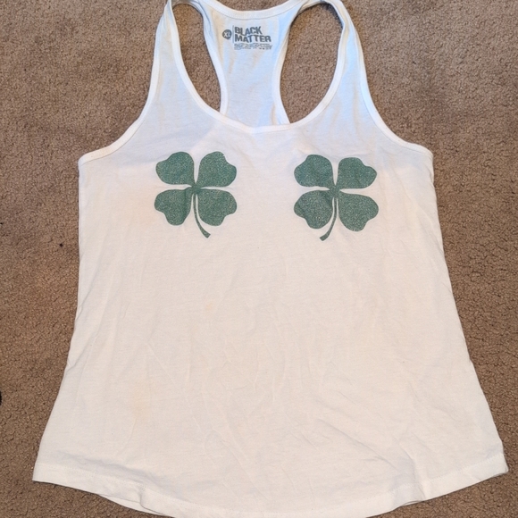 Black Matter Tops - Black Matter White Tank Top with Green Shamrock Design